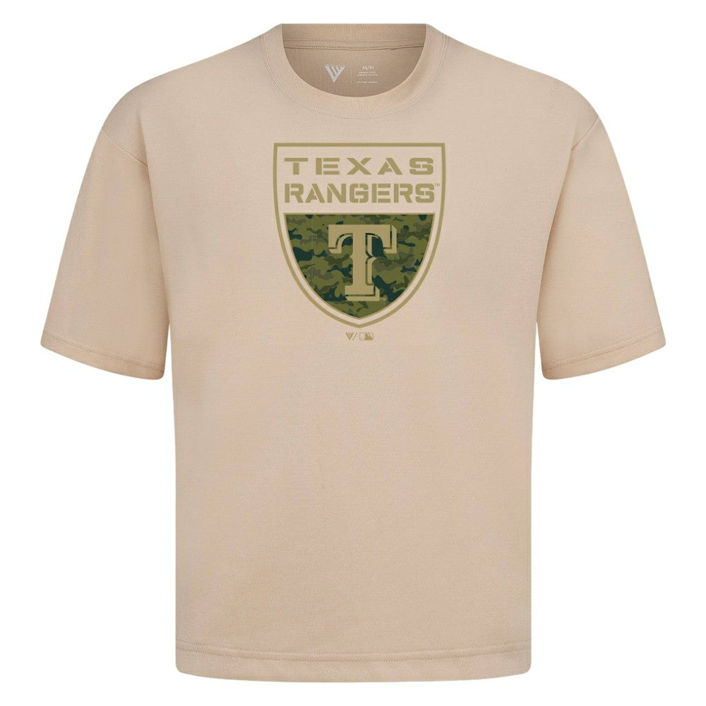 Texas Rangers Levelwear Oversized Luxe Signature Knit Buckler T-Shirt - Khaki T-shirts