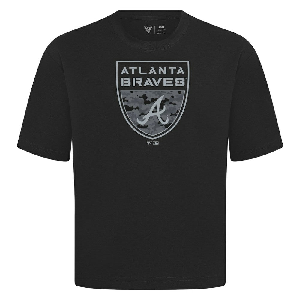 Atlanta Braves Levelwear Oversized Luxe Signature Knit Buckler T-Shirt - Black T-shirts