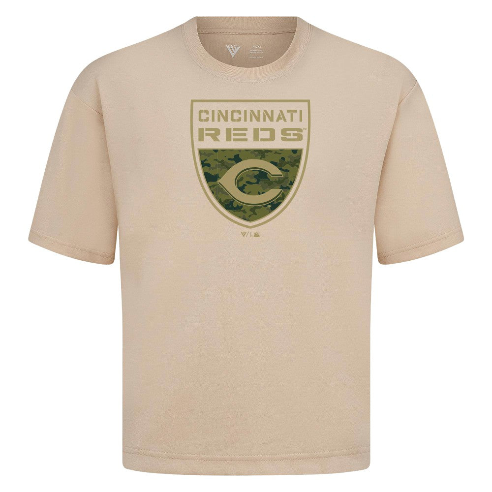 Cincinnati Reds Levelwear Oversized Luxe Signature Knit Buckler T-Shirt - Khaki T-shirts
