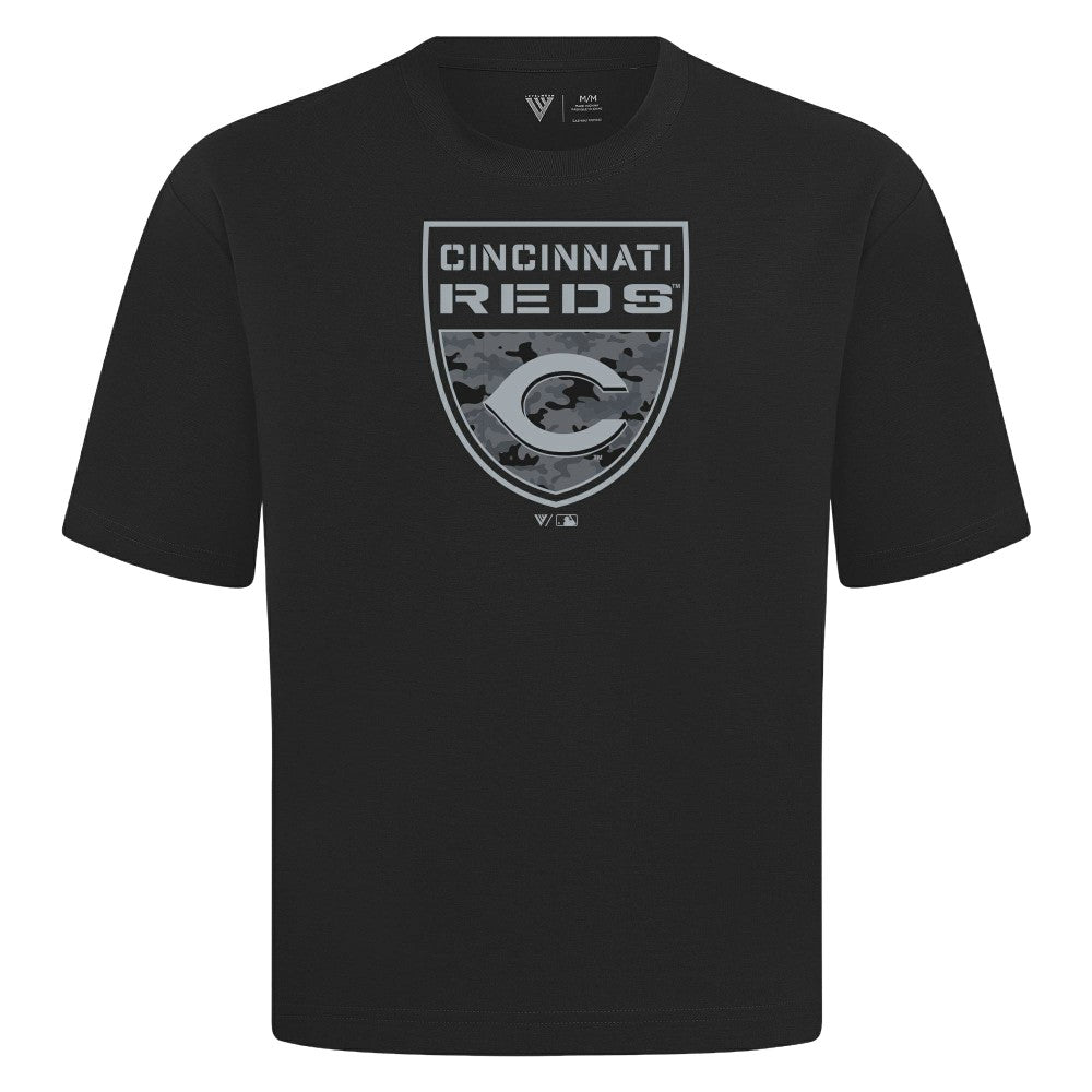 Cincinnati Reds Levelwear Oversized Luxe Signature Knit Buckler T-Shirt - Black T-shirts