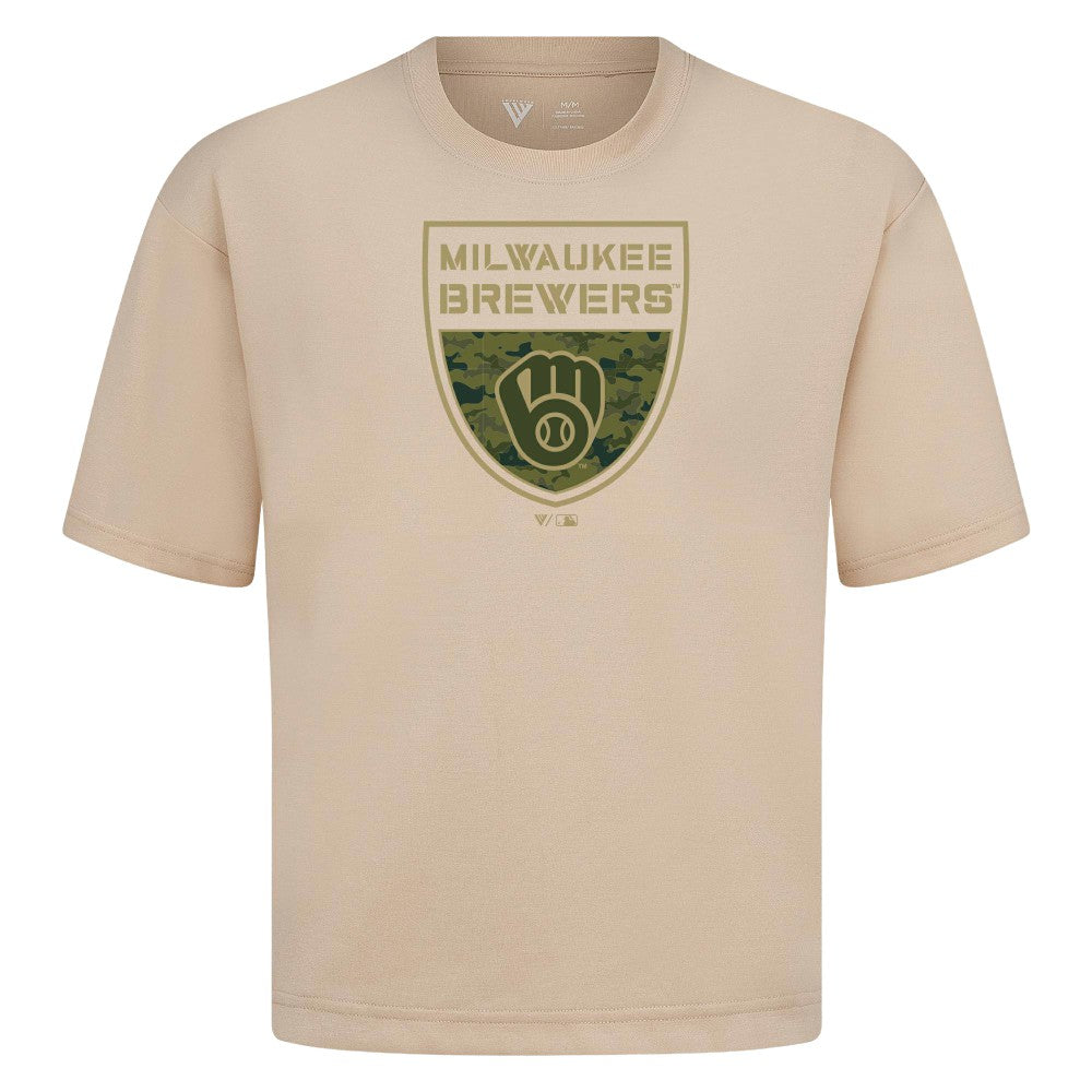 Milwaukee Brewers Levelwear Oversized Luxe Signature Knit Buckler T-Shirt - Khaki T-shirts