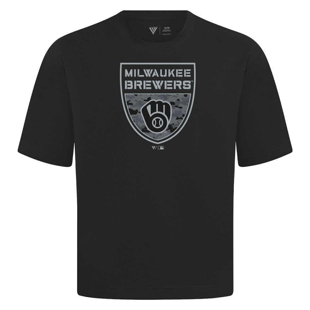 Milwaukee Brewers Levelwear Oversized Luxe Signature Knit Buckler T-Shirt - Black T-shirts