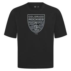 Colorado Rockies Levelwear Oversized Luxe Signature Knit Buckler T-Shirt - Black T-shirts