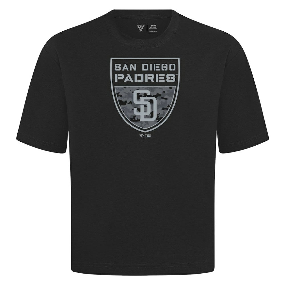 San Diego Padres Levelwear Oversized Luxe Signature Knit Buckler T-Shirt - Black T-shirts