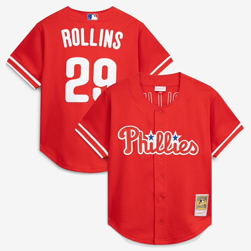 Jimmy Rollins Philadelphia Phillies Mitchell & Ness Cooperstown Mesh Batting Practice Button-Up Jersey - Red Jerseys