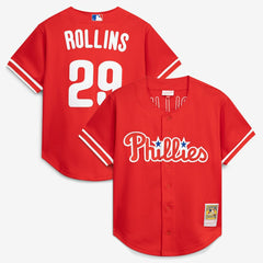 Jimmy Rollins Philadelphia Phillies Mitchell & Ness Cooperstown Mesh Batting Practice Button-Up Jersey - Red Jerseys