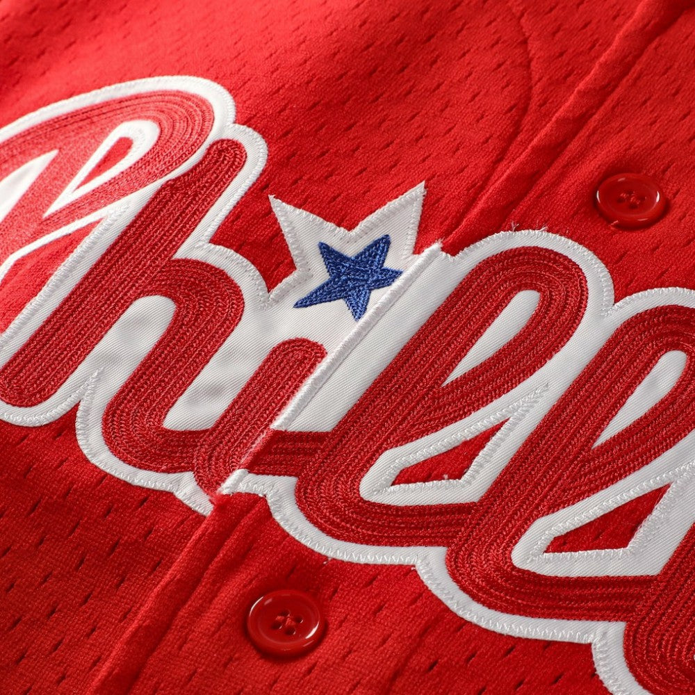 Jimmy Rollins Philadelphia Phillies Mitchell & Ness Cooperstown Mesh Batting Practice Button-Up Jersey - Red Jerseys