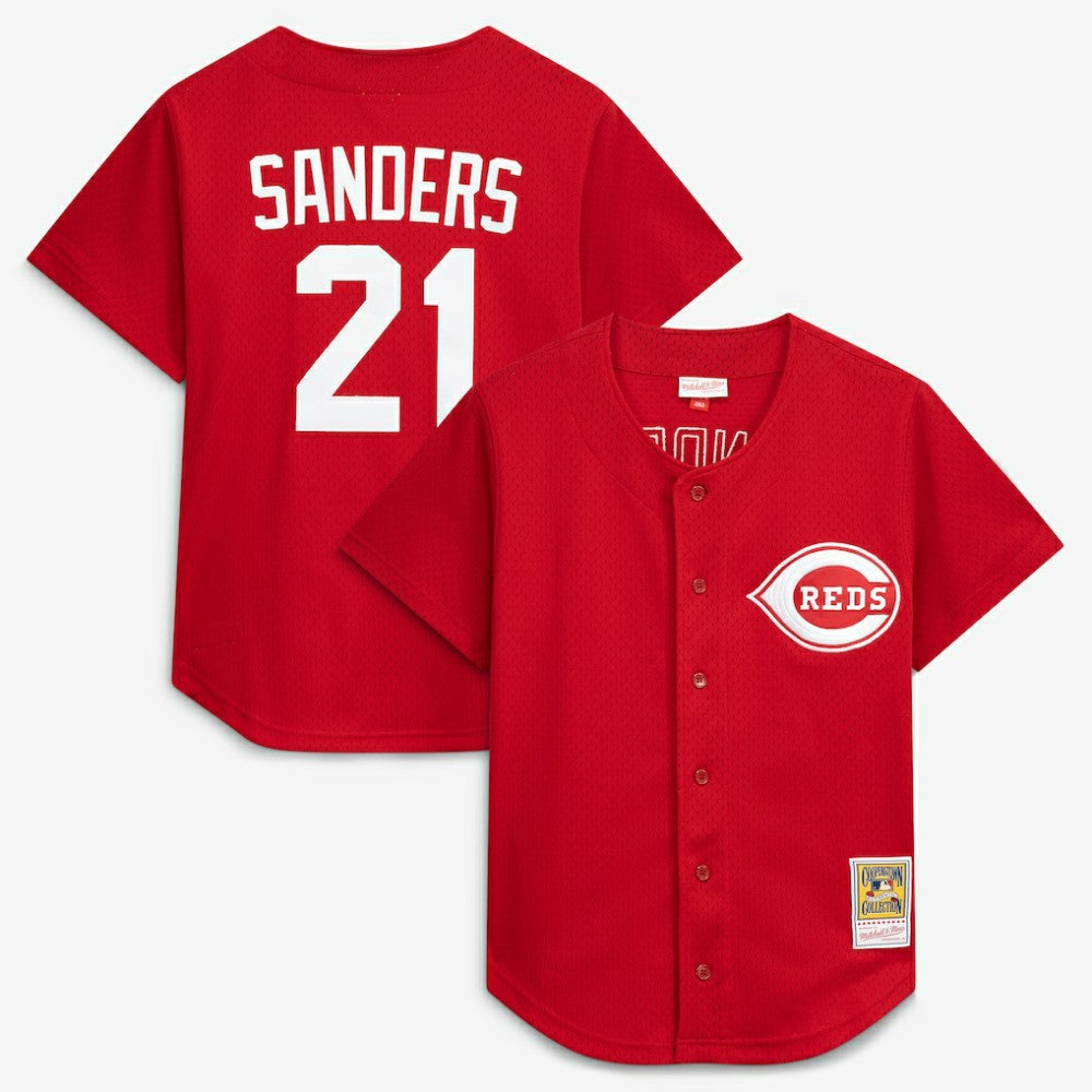 Deion Sanders Cincinnati Reds Mitchell & Ness Cooperstown Mesh Batting Practice Button-Up Jersey - Red Jerseys