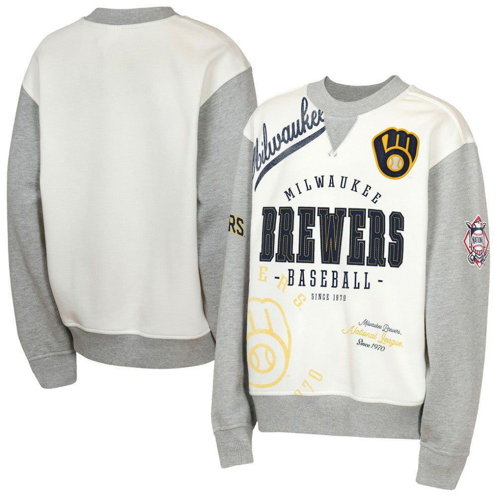 Milwaukee Brewers Outerstuff Youth Big League Power Hit Fleece Sweatshirt - Cream/Gray Sweatshirts
