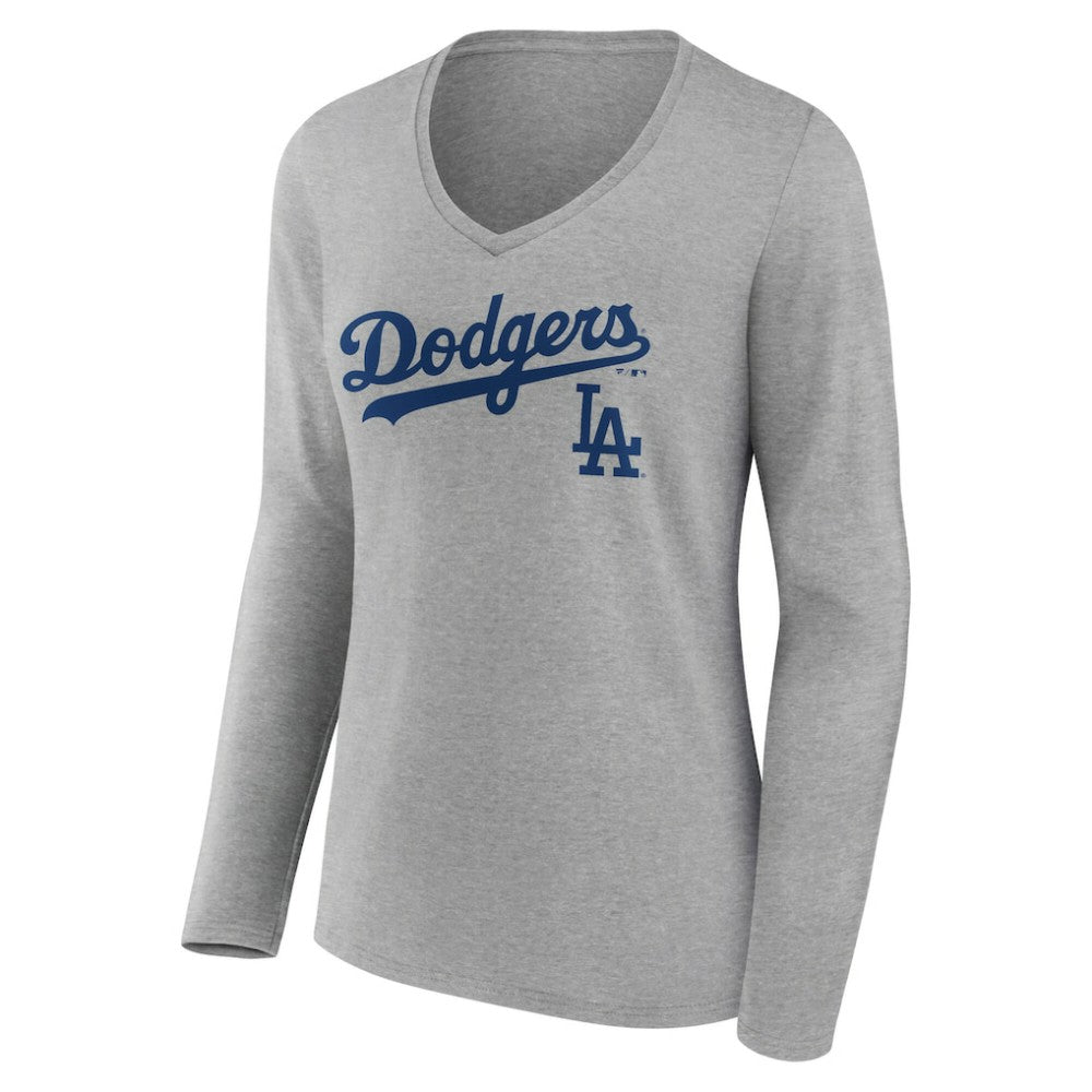 Los Angeles Dodgers Women's Team Lockup Long Sleeve V-Neck T-Shirt - Gray T-shirts