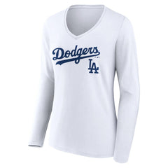 Los Angeles Dodgers Women's Team Lockup Long Sleeve V-Neck T-Shirt - White T-shirts