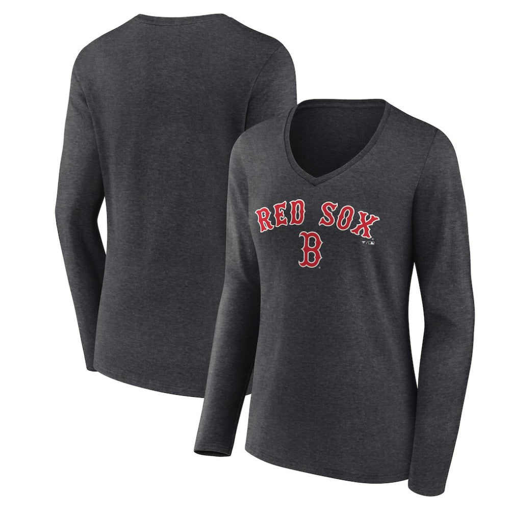 Boston Red Sox Women's Team Lockup Long Sleeve V-Neck T-Shirt - Charcoal T-shirts