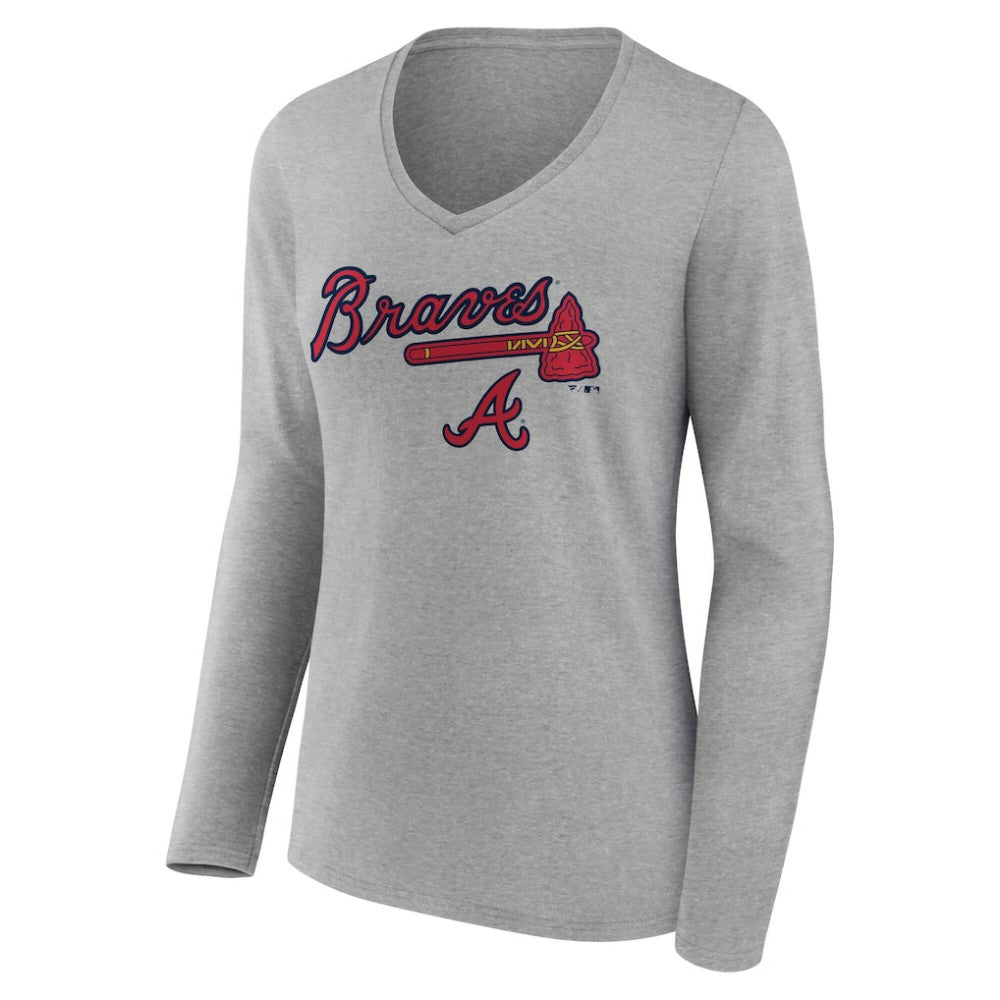 Atlanta Braves Women's Team Lockup Long Sleeve V-Neck T-Shirt - Gray T-shirts