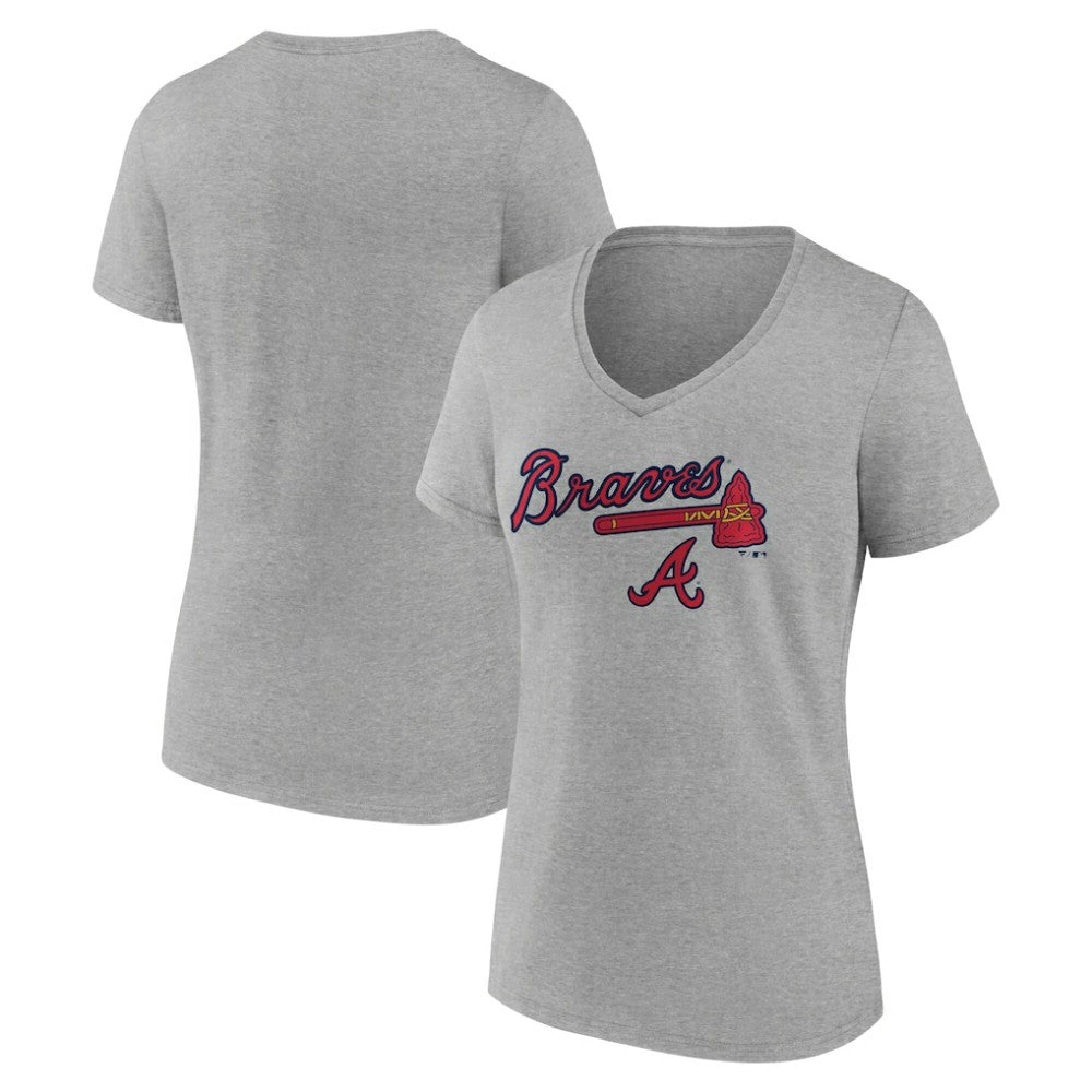 Atlanta Braves Women's Team Lockup V-Neck T-Shirt - Gray T-shirts