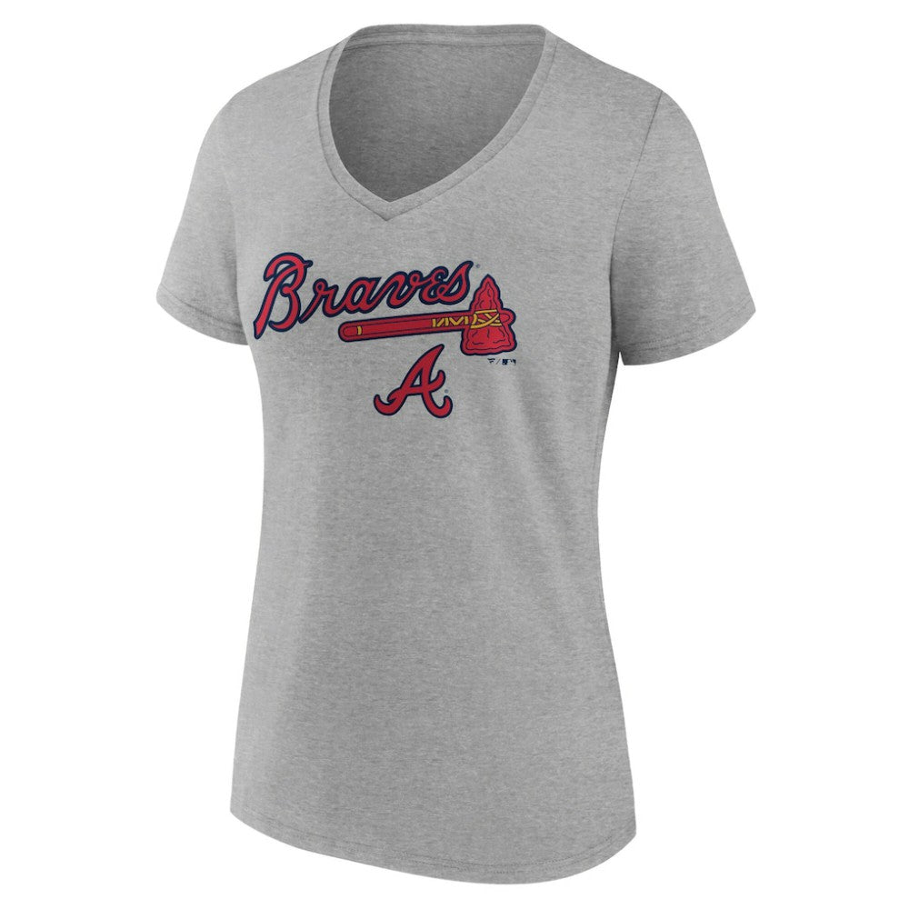 Atlanta Braves Women's Team Lockup V-Neck T-Shirt - Gray T-shirts