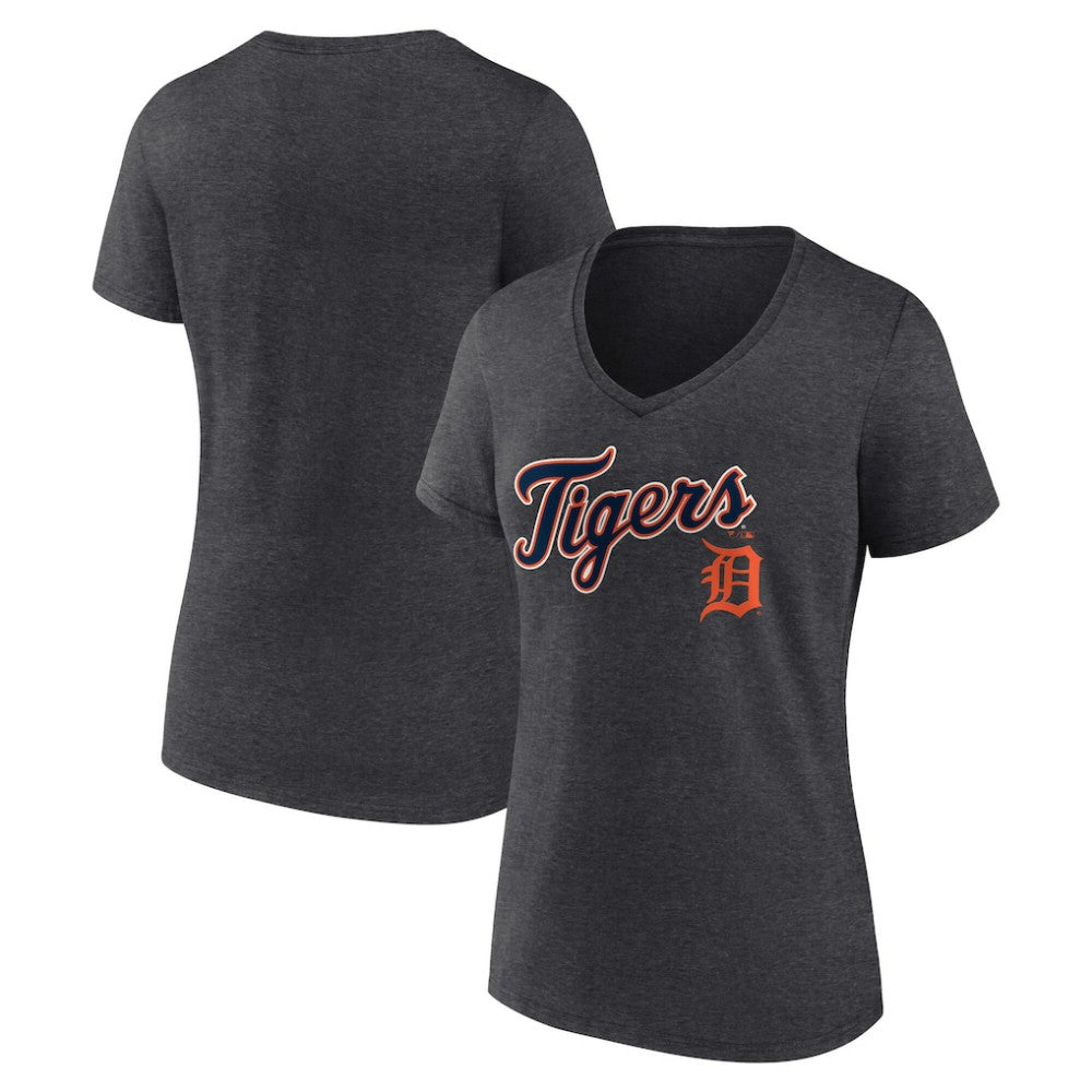 Detroit Tigers Women's Team Lockup V-Neck T-Shirt - Charcoal T-shirts