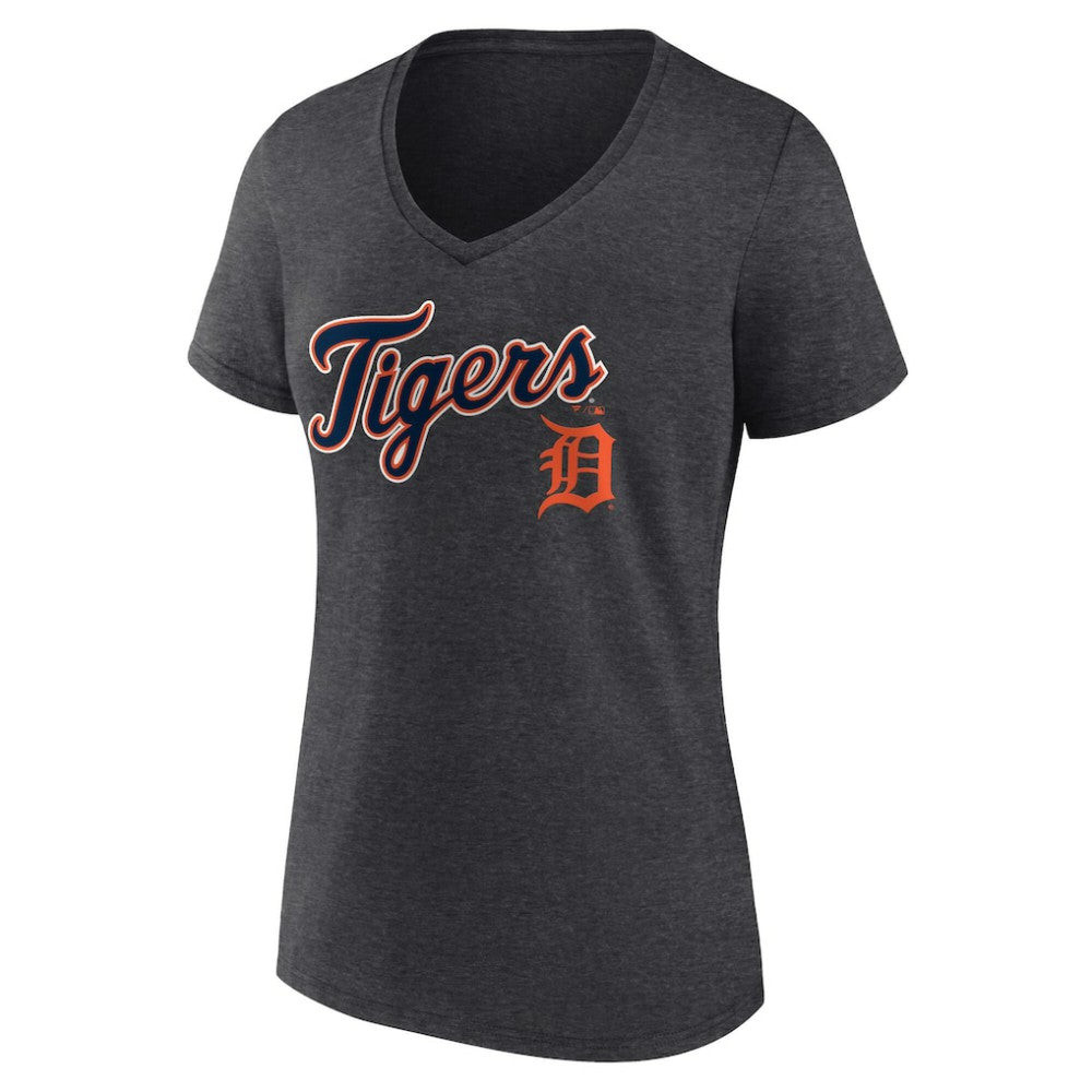 Detroit Tigers Women's Team Lockup V-Neck T-Shirt - Charcoal T-shirts