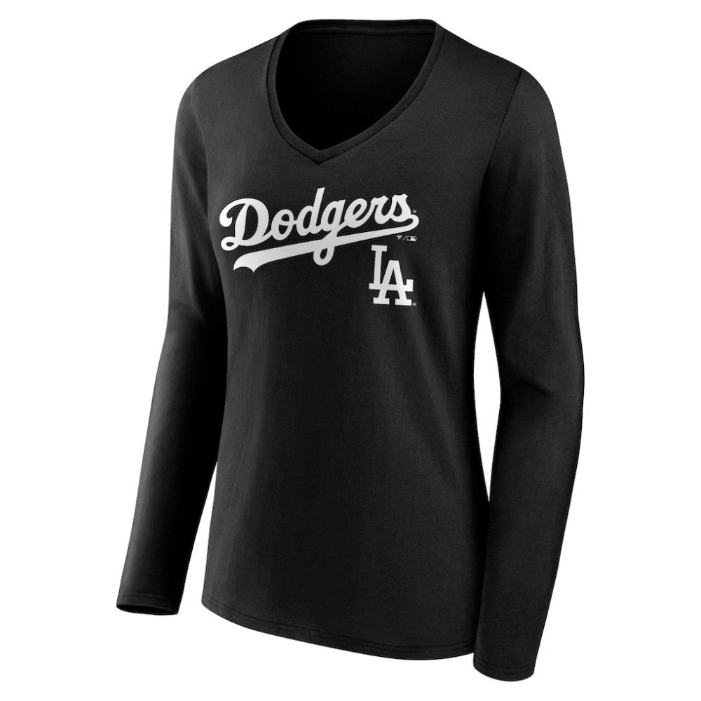 Los Angeles Dodgers Women's Team Lockup Long Sleeve V-Neck T-Shirt - Black T-shirts