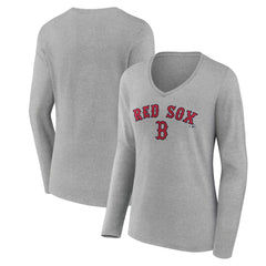 Boston Red Sox Women's Team Lockup Long Sleeve V-Neck T-Shirt - Gray T-shirts