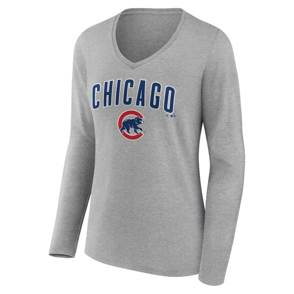 Chicago Cubs Women's Team Lockup Long Sleeve V-Neck T-Shirt - Gray T-shirts