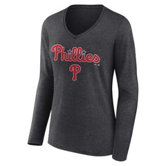 Philadelphia Phillies Women's Team Lockup Long Sleeve V-Neck T-Shirt - Charcoal T-shirts
