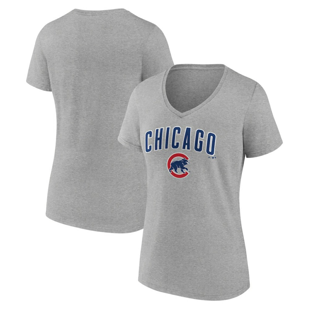 Chicago Cubs Women's Team Lockup V-Neck T-Shirt - Gray T-shirts
