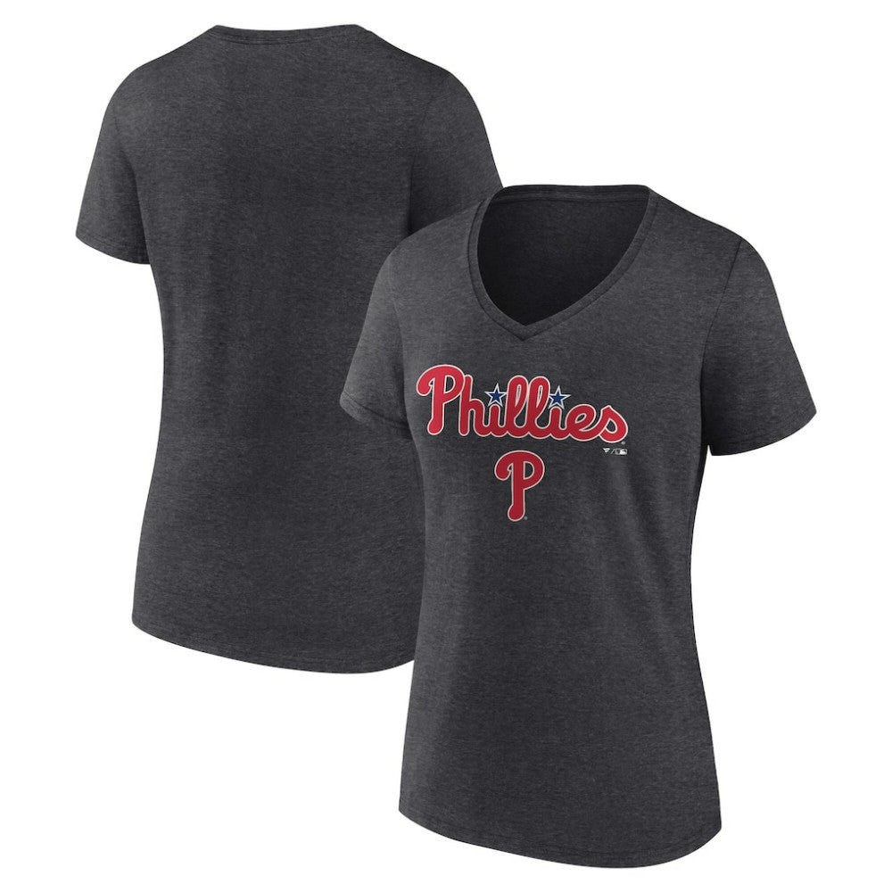 Philadelphia Phillies Women's Team Lockup V-Neck T-Shirt - Charcoal T-shirts