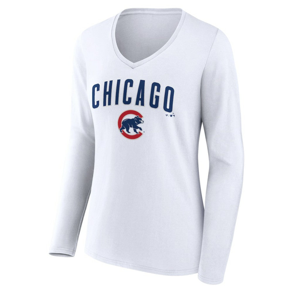 Chicago Cubs Women's Team Lockup Long Sleeve V-Neck T-Shirt - White T-shirts