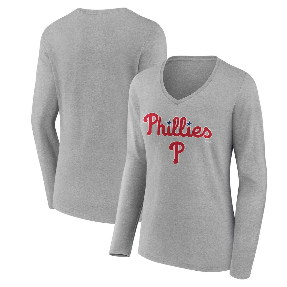 Philadelphia Phillies Women's Team Lockup Long Sleeve V-Neck T-Shirt - Gray T-shirts