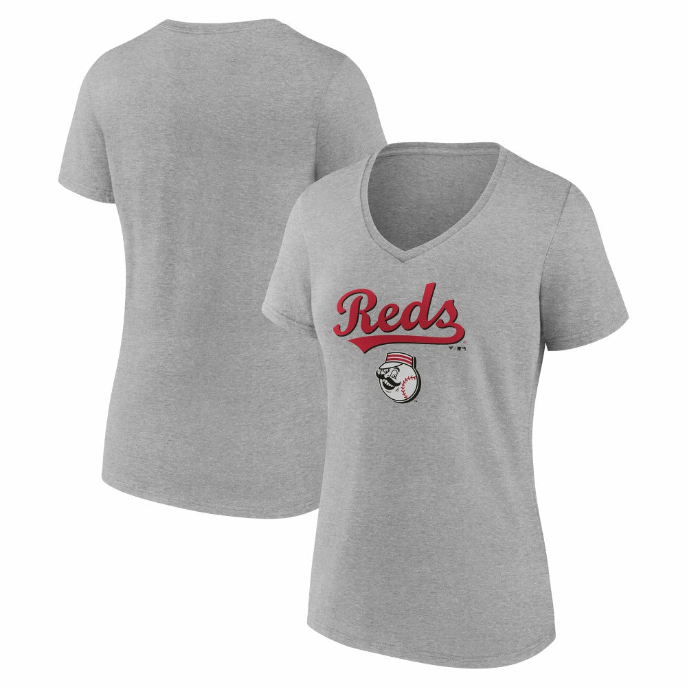 Cincinnati Reds Women's Team Lockup V-Neck T-Shirt - Gray T-shirts