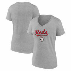Cincinnati Reds Women's Team Lockup V-Neck T-Shirt - Gray T-shirts