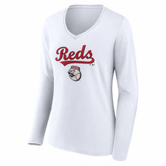 Cincinnati Reds Women's Team Lockup Long Sleeve V-Neck T-Shirt - White T-shirts