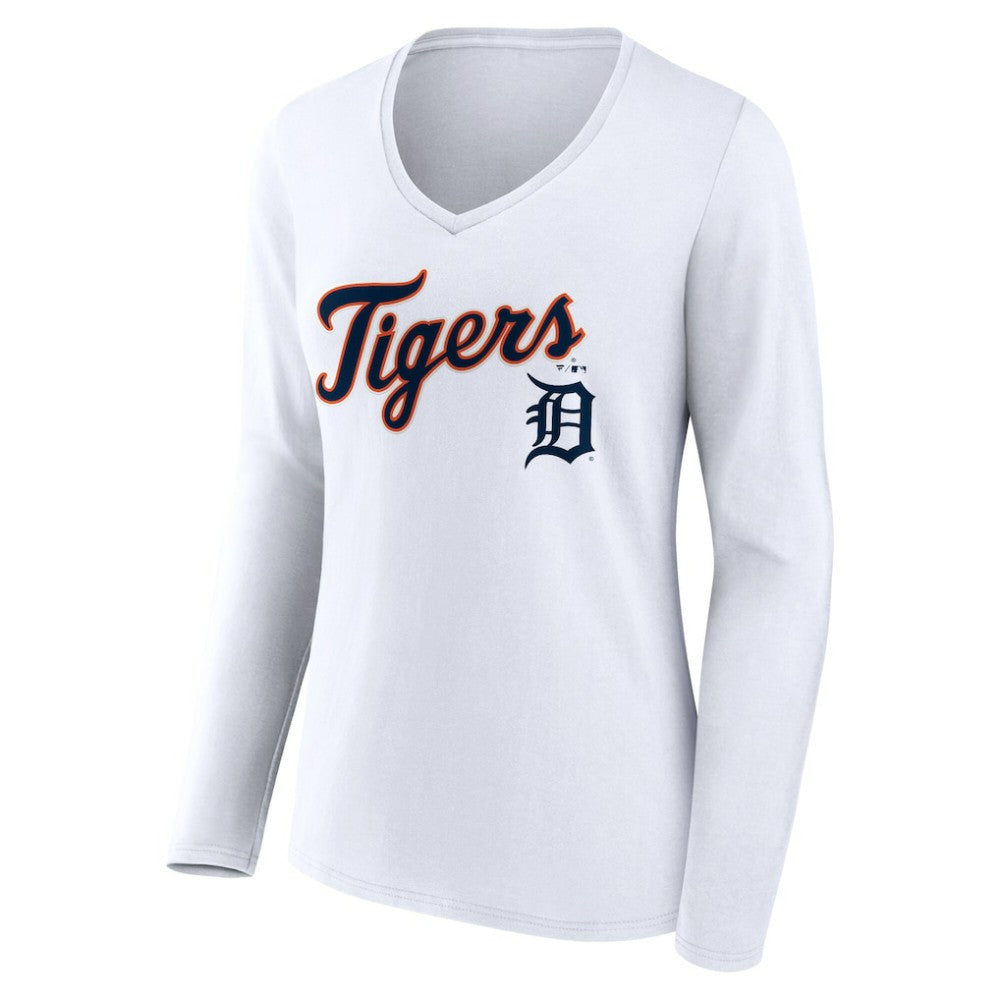 Detroit Tigers Women's Team Lockup Long Sleeve V-Neck T-Shirt - White T-shirts