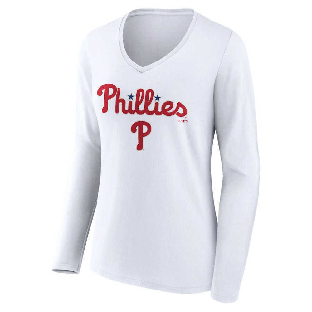 Philadelphia Phillies Women's Team Lockup Long Sleeve V-Neck T-Shirt - White T-shirts