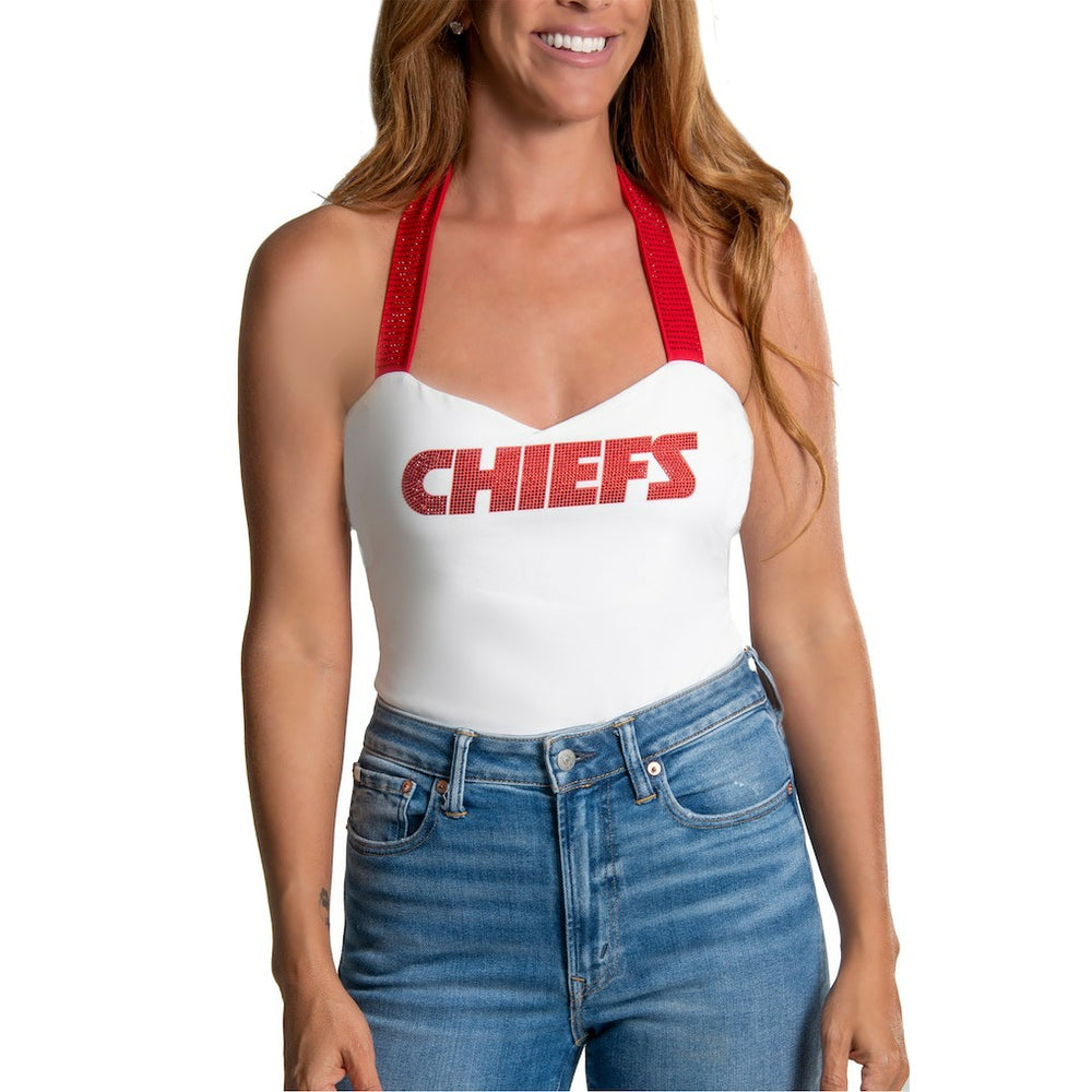 Kansas City Chiefs Cuce Women's Rhinestone Semi-Cropped Halter Tank - White Tanks