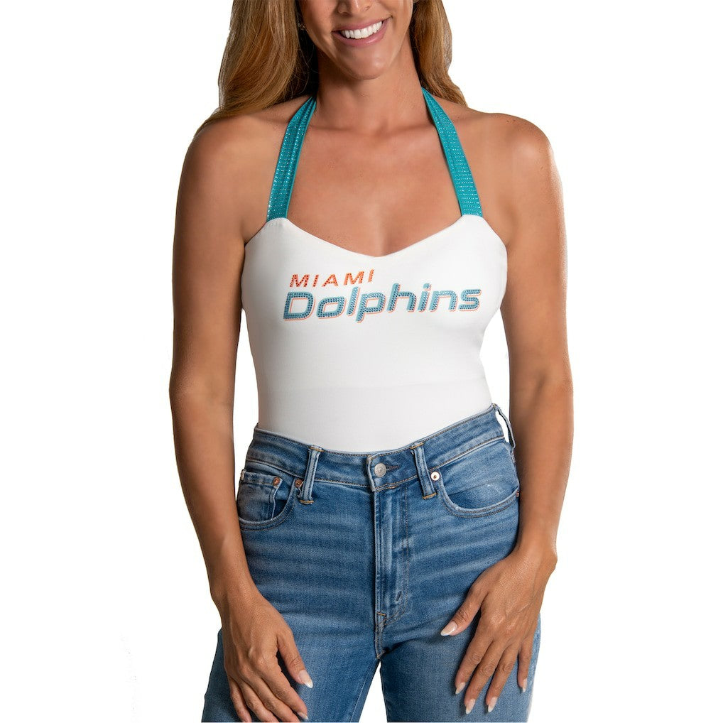 Miami Dolphins Cuce Women's Rhinestone Semi-Cropped Halter Tank - White Tanks
