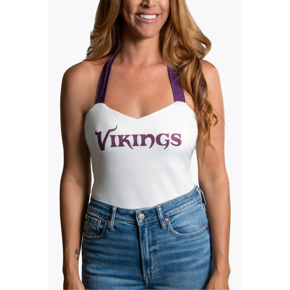 Minnesota Vikings Cuce Women's Rhinestone Semi-Cropped Halter Tank - White Tanks