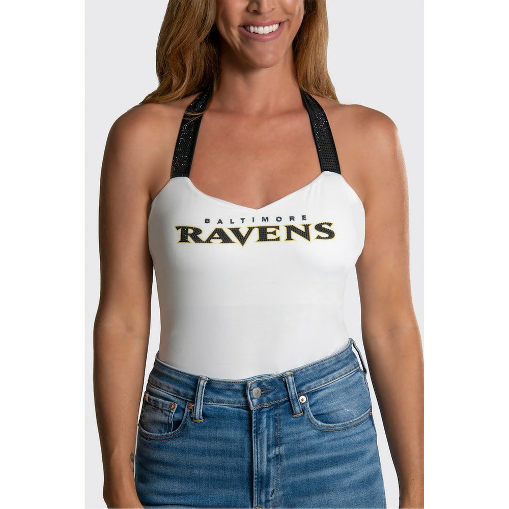 Baltimore Ravens Cuce Women's Rhinestone Semi-Cropped Halter Tank - White Tanks