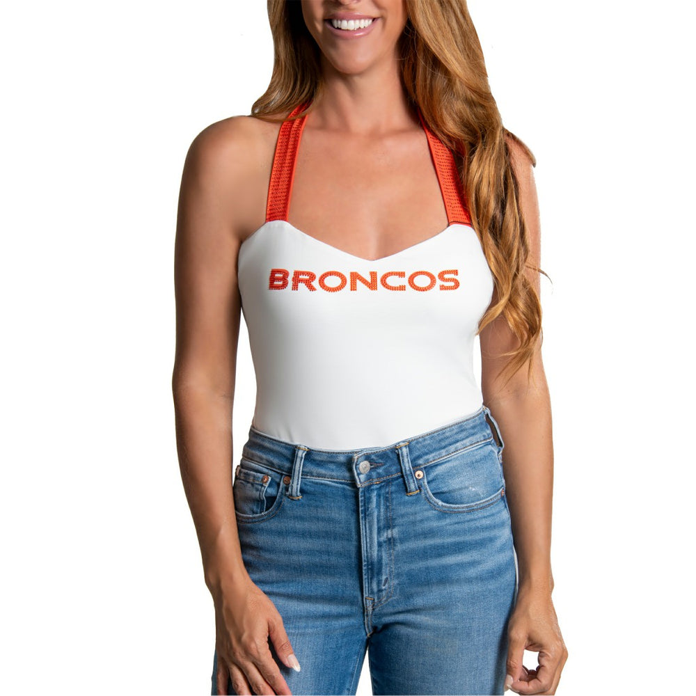 Denver Broncos Cuce Women's Rhinestone Semi-Cropped Halter Tank - White Tanks