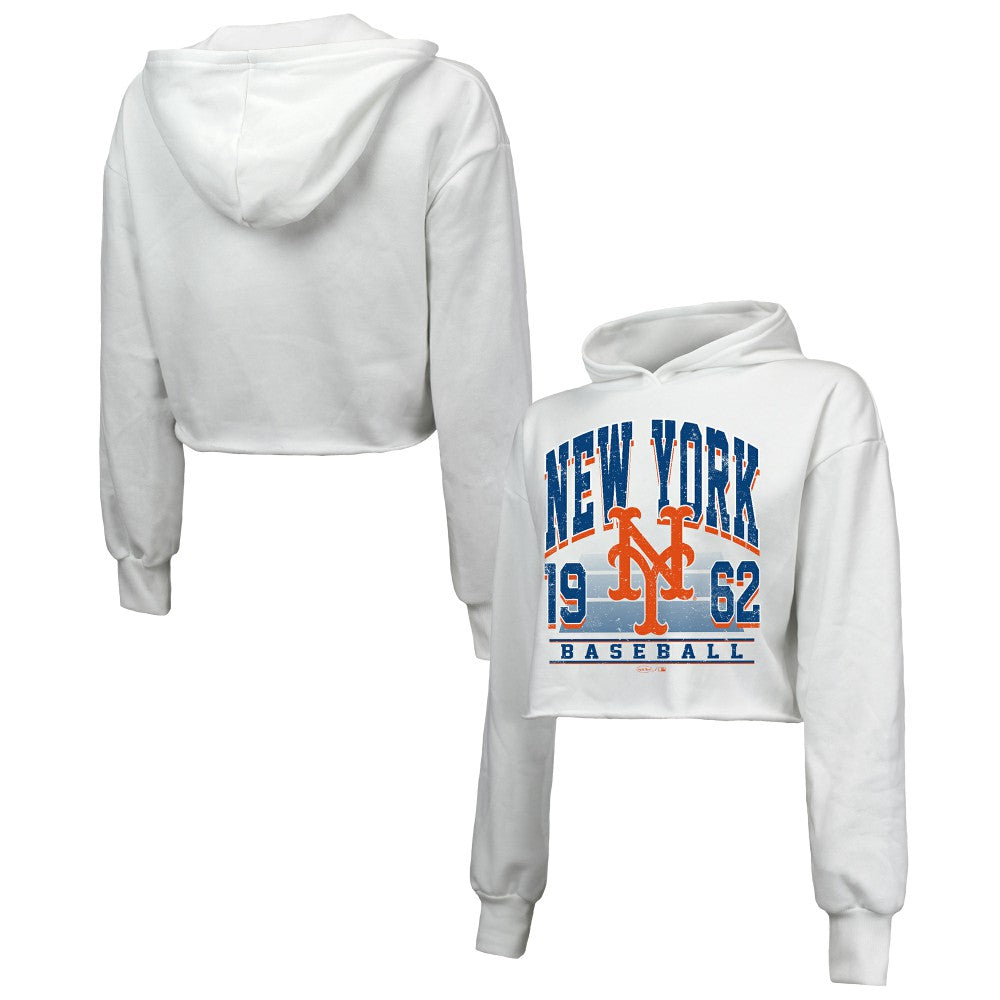 New York Mets Majestic Threads Women's Cropped Have A Field Day Tri-Blend Hoodie - White Hoodies