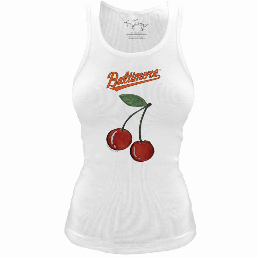 Baltimore Orioles Tiny Turnip Women's Fitted Cherries Tri-Blend Tank Top - White Tanks
