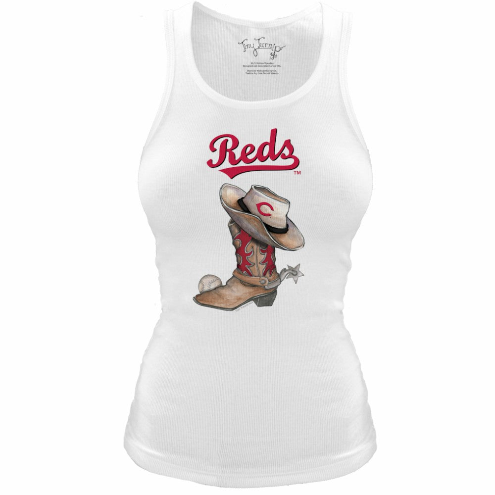 Cincinnati Reds Tiny Turnip Women's Fitted Vintage Cowboy Boot Tri-Blend Tank Top - White Tanks