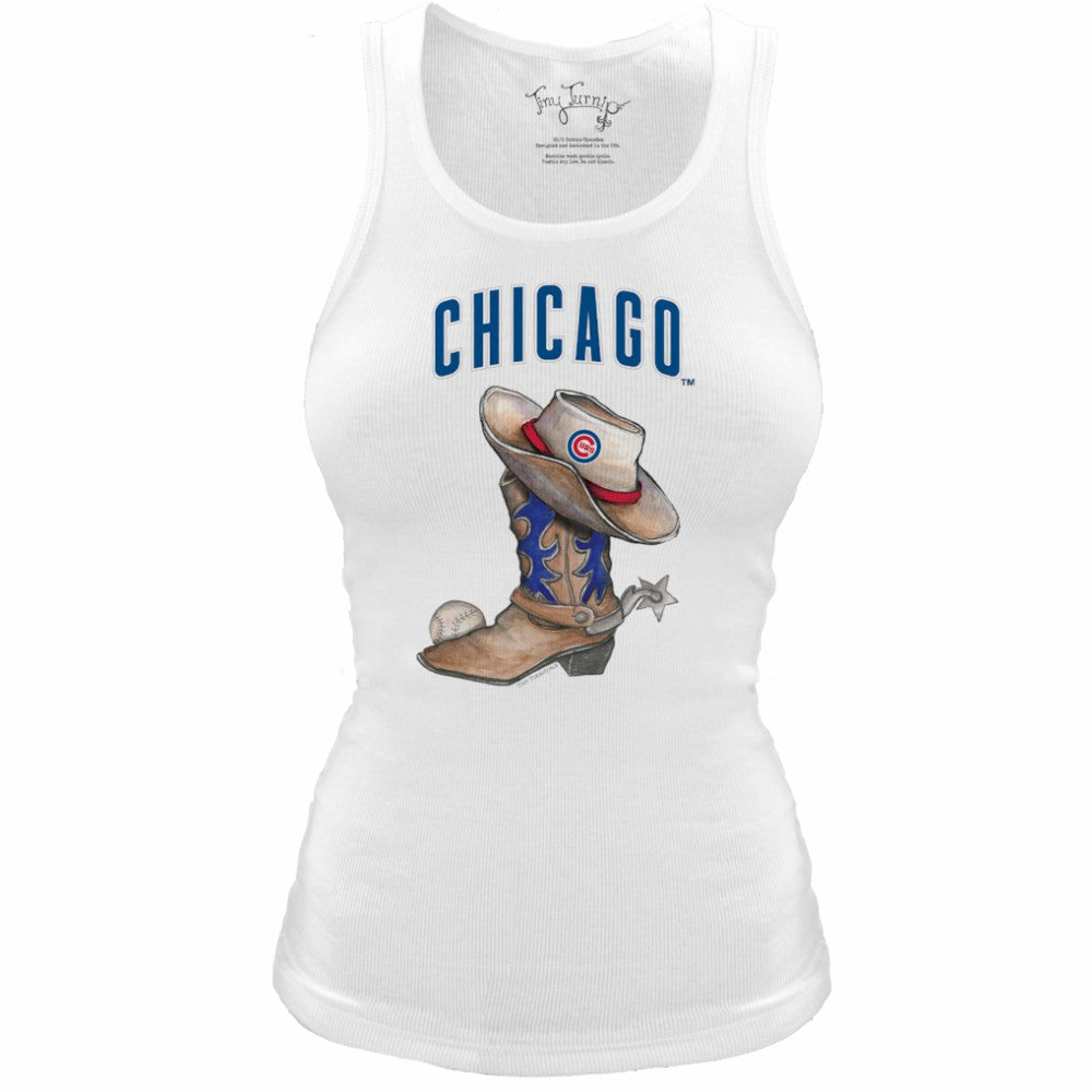 Chicago Cubs Tiny Turnip Women's Fitted Vintage Cowboy Boot Tri-Blend Tank Top - White Tanks