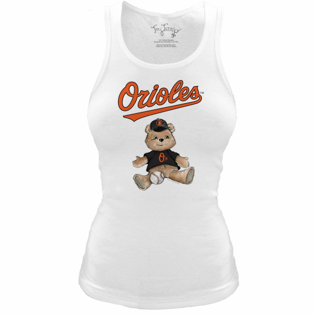 Baltimore Orioles Tiny Turnip Women's Fitted Teddy Bear Tri-Blend Tank Top - White Tanks