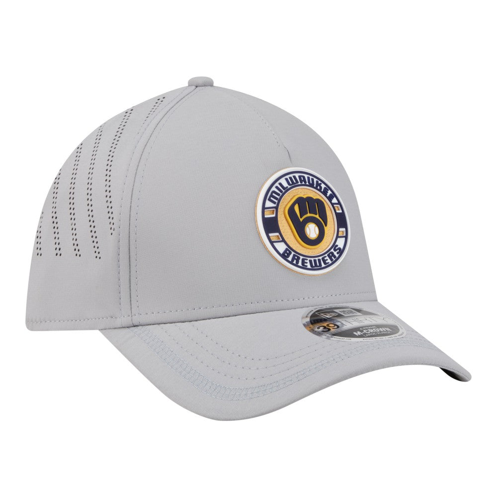 Milwaukee Brewers New Era Patch 39THIRTY A-Frame M-Crown Perforated Flex Hat - Gray Hats