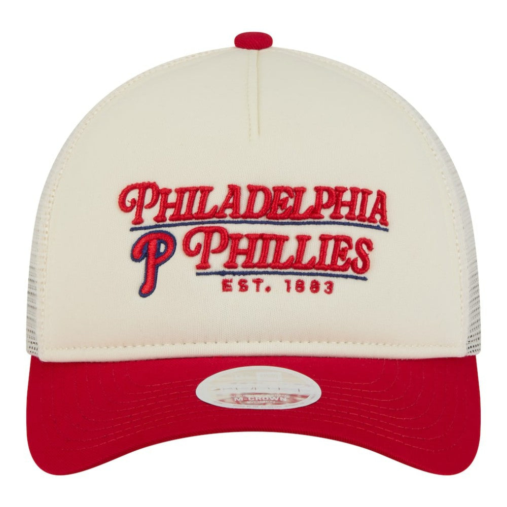 Philadelphia Phillies New Era Women's Retro 9FORTY M-Crown A-Frame Trucker Adjustable Hat - Light Beige/Red Hats