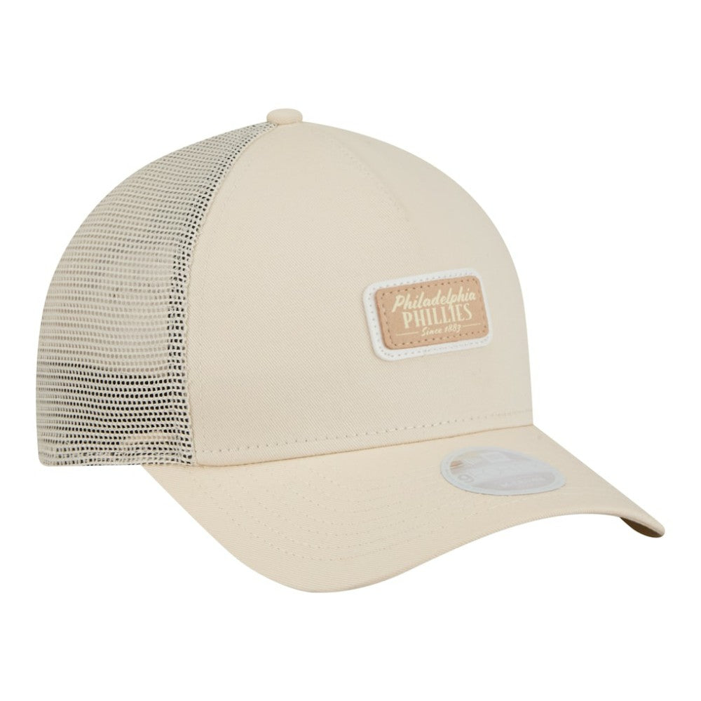 Philadelphia Phillies New Era Women's Tonal Patch 9FORTY M-Crown A-Frame Trucker Adjustable Hat - Light Beige Hats