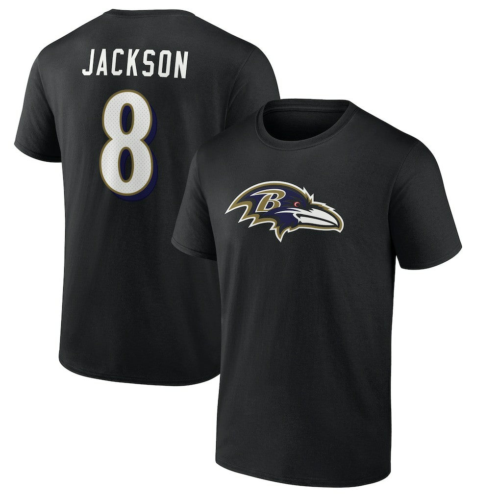 Lamar Jackson Baltimore Ravens Icon Name & Number T-Shirt - Black T-shirts