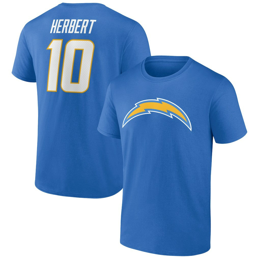Justin Herbert Los Angeles Chargers Icon Name & Number T-Shirt - Powder Blue T-shirts