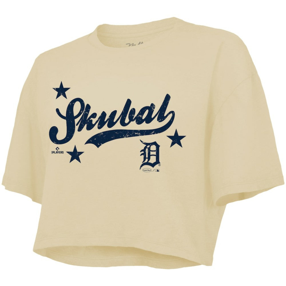 Tarik Skubal Detroit Tigers Majestic Threads Women's Boxy Crop Top - Cream Tops